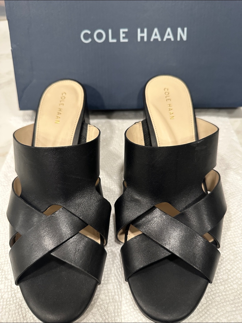 Cole Haan Black Leather Crisscross Block Heel Mules - Picture 2 of 6